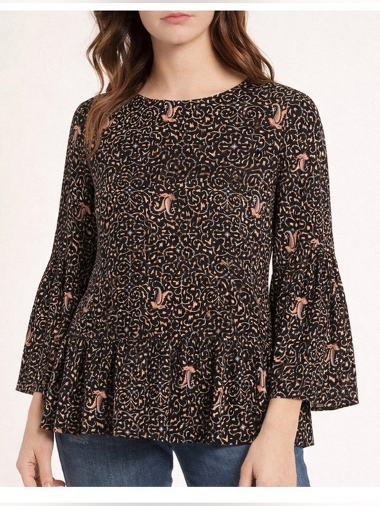 Madewell Tops - 100% Silk Madewell Black Long-Sleeve Floral Peplum Tunic with Blush Accents